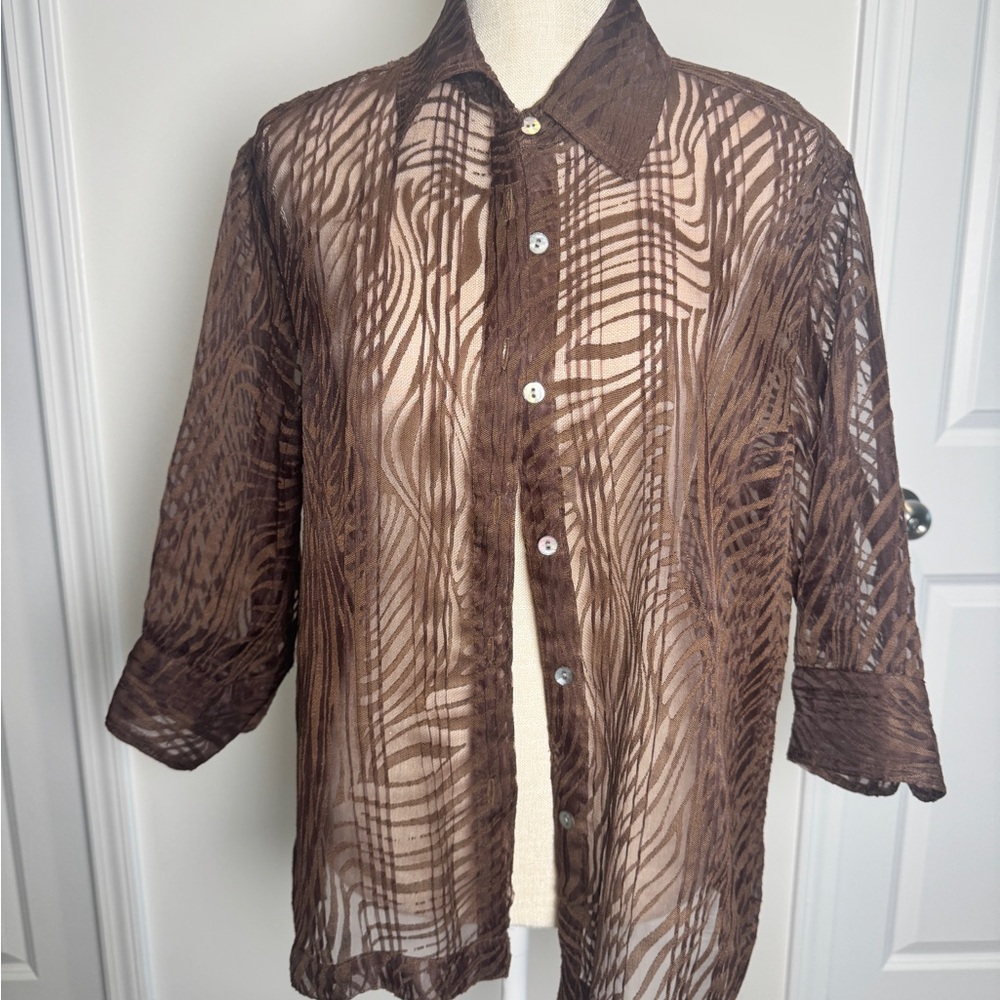 Elegant Brown Sheer Women's Button Down Shirt